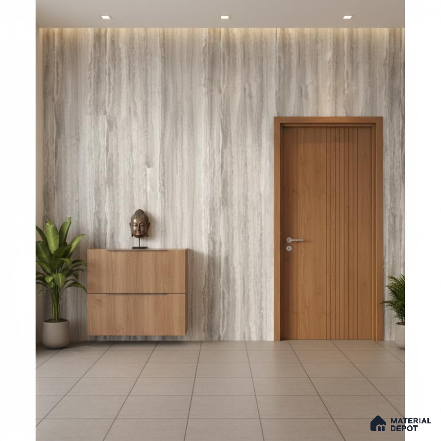 Modern foyer with light grey marble-look wall panels, oak wood laminate door, and floating cabinet