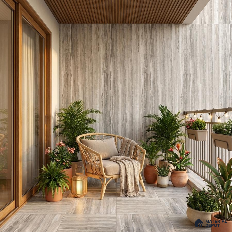 Scandinavian balcony with grey stone-look wall tiles, wood slat ceiling, and natural planters