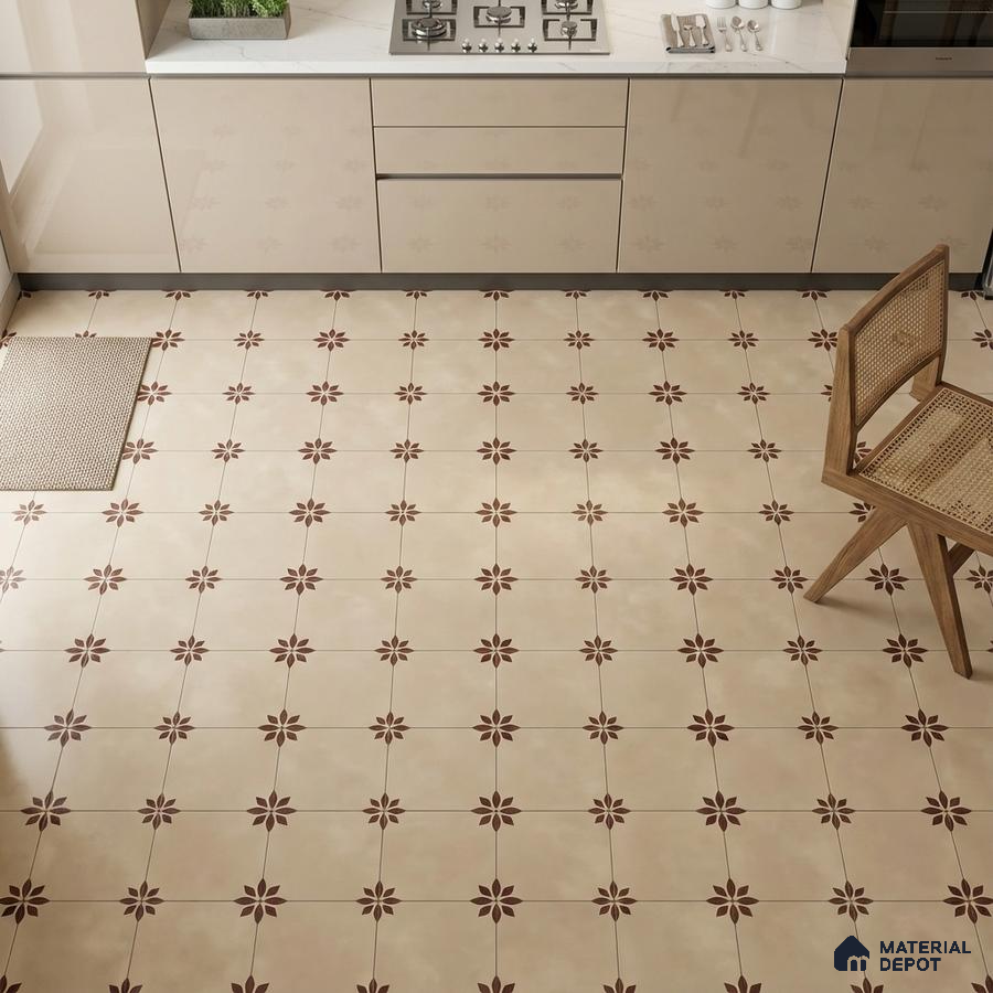 Modern kitchen with beige high gloss laminate cabinets and brown floral patterned floor tiles