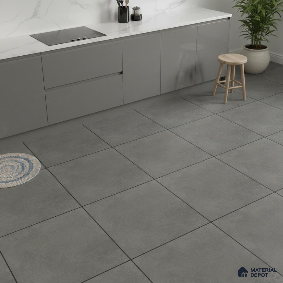 Minimalist kitchen with grey matte laminate cabinets, white marble-look quartz countertop, and large grey stone floor tiles