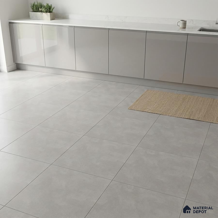 Minimalist kitchen with glossy light grey laminate cabinets and matte light grey stone-look floor tiles
