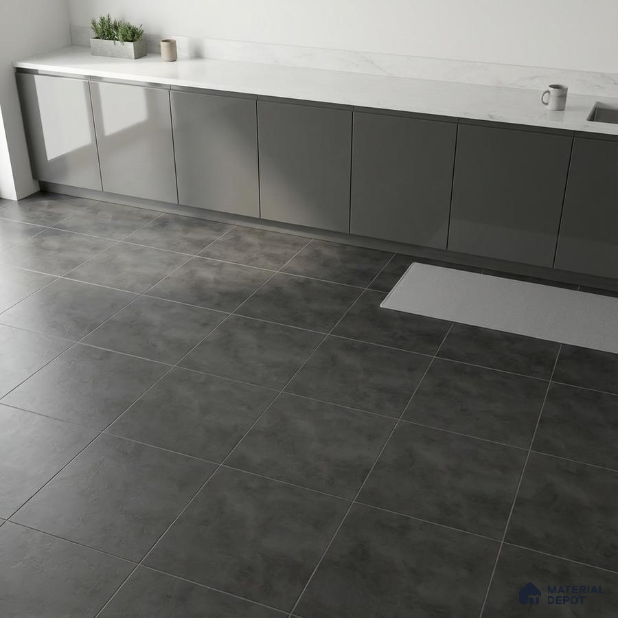 Minimalist kitchen with grey matte laminate cabinets and white marble countertop