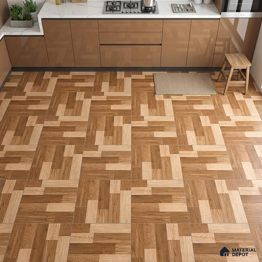 Modern kitchen with glossy beige laminate cabinets and geometric wood-look floor tiles
