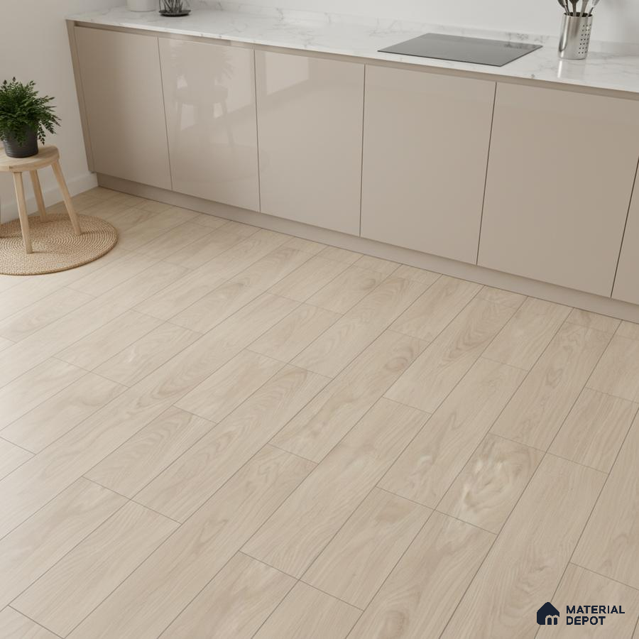 Modern kitchen with beige high gloss laminate cabinets, white marble countertop, and light oak wood-look floor tiles
