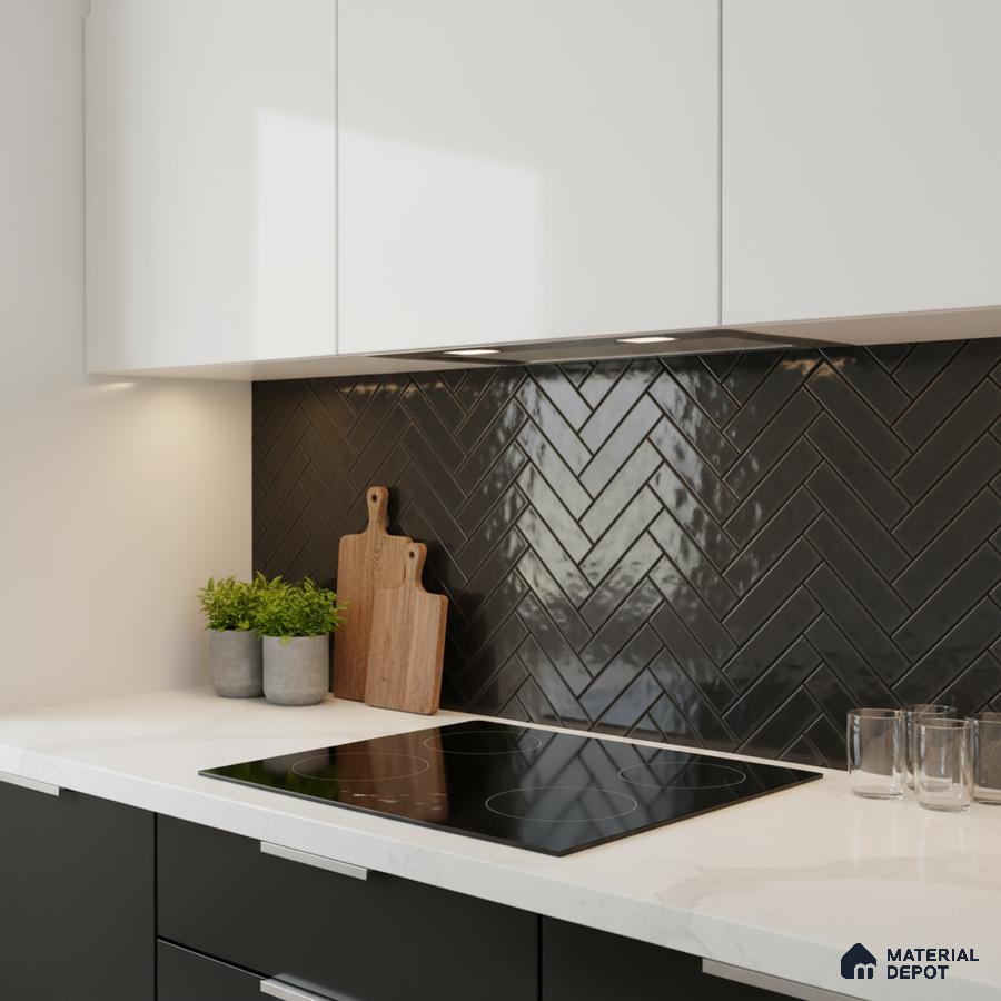 Modern kitchen with white quartz countertop, matte black cabinets, and glossy black herringbone subway tile backsplash
