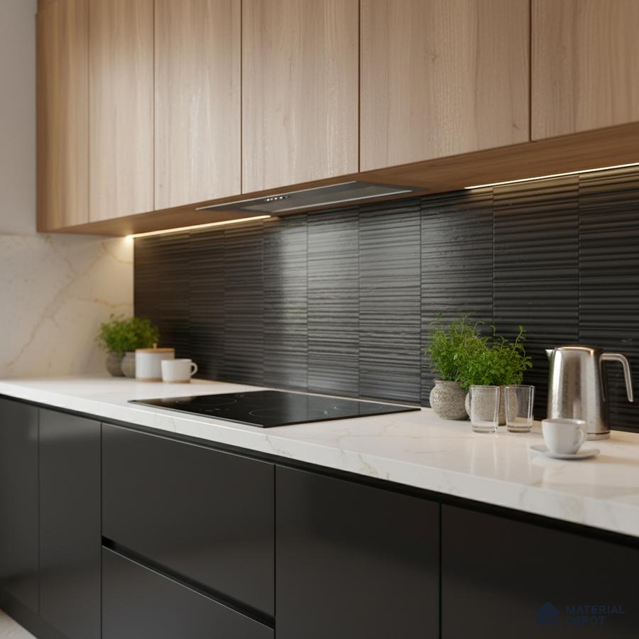 Modern kitchen with black fluted backsplash tile, white marble countertop, and light oak laminate cabinets