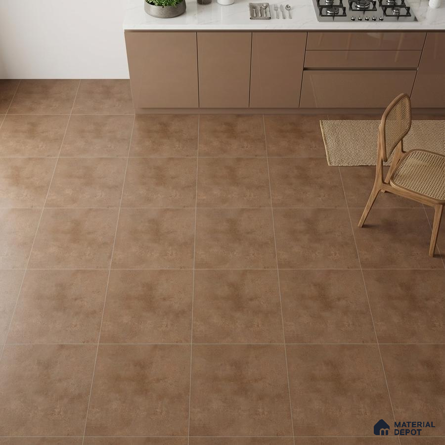 Modern kitchen with taupe high gloss laminate cabinets and matte brown stone-look floor tiles