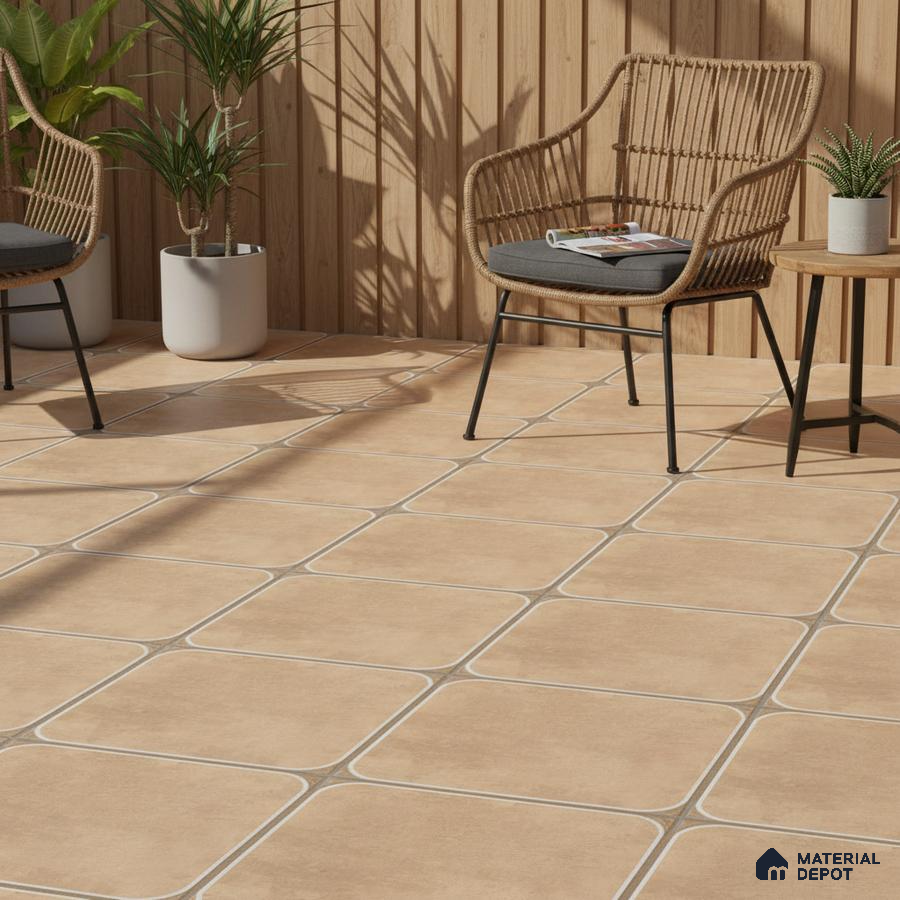 Scandinavian outdoor seating with beige ceramic floor tiles and natural wood wall panels