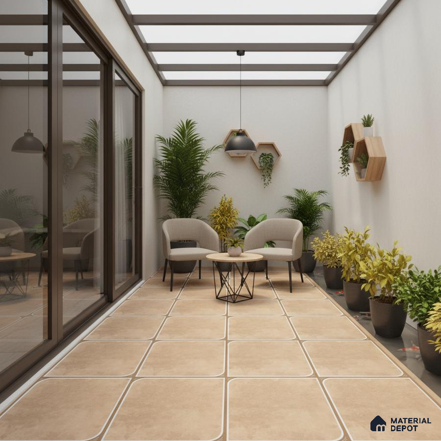 Modern balcony with beige floor tiles, wooden hexagonal wall shelves, and potted plants