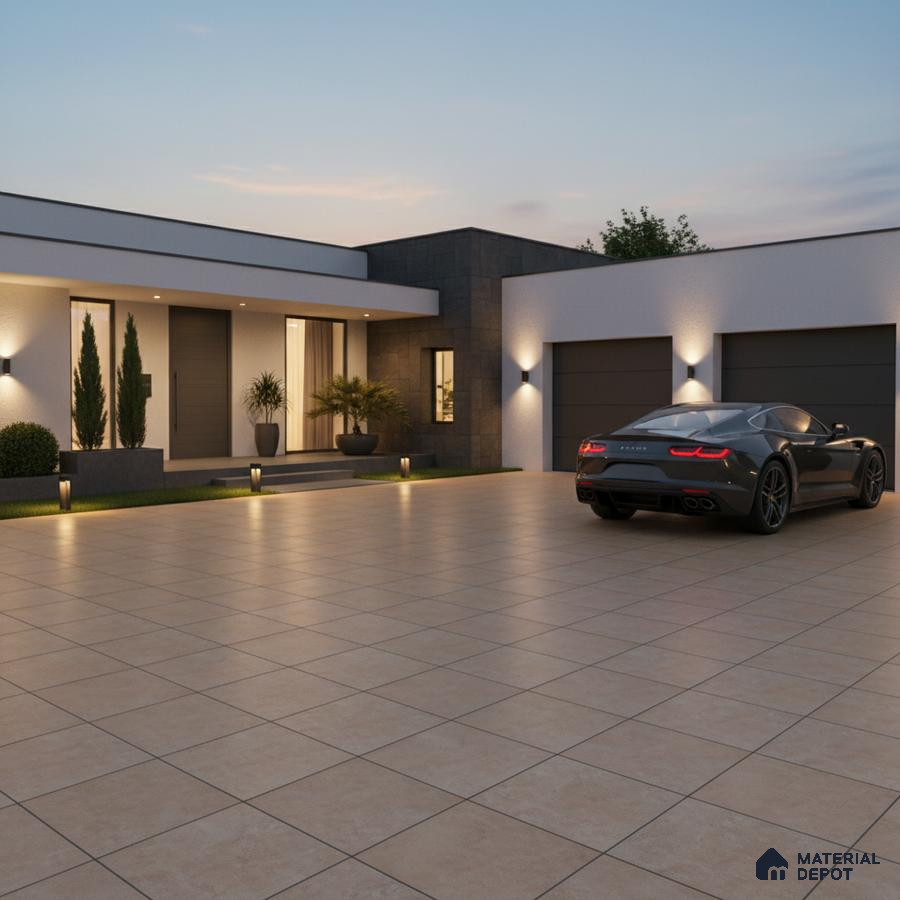 Modern parking with large beige outdoor floor tiles and minimal facade cladding