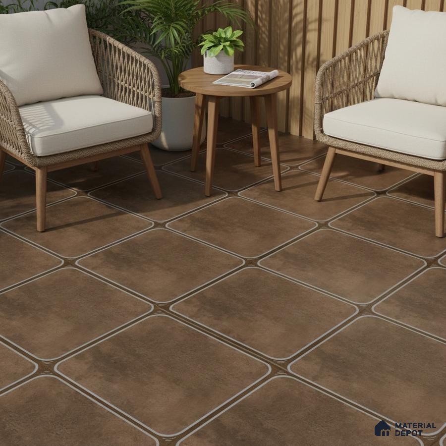 Scandinavian outdoor seating with brown stone-look floor tiles and rattan furniture