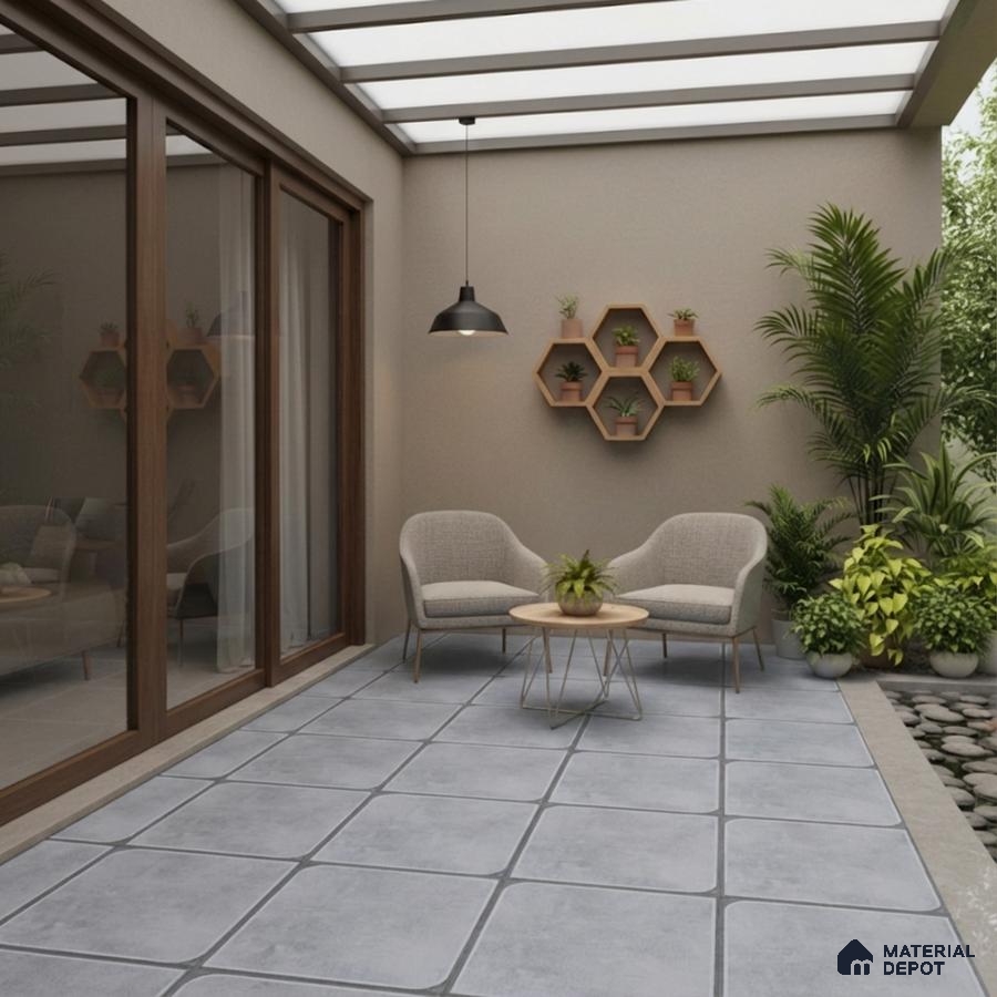 Modern balcony with grey cement floor tiles and wooden hexagonal wall shelves