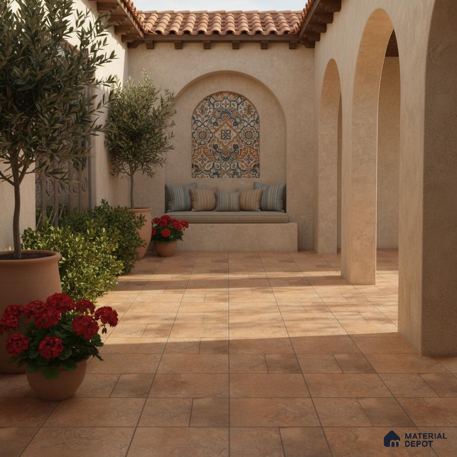 Mediterranean outdoor patio with terracotta floor tiles and patterned mosaic wall tile
