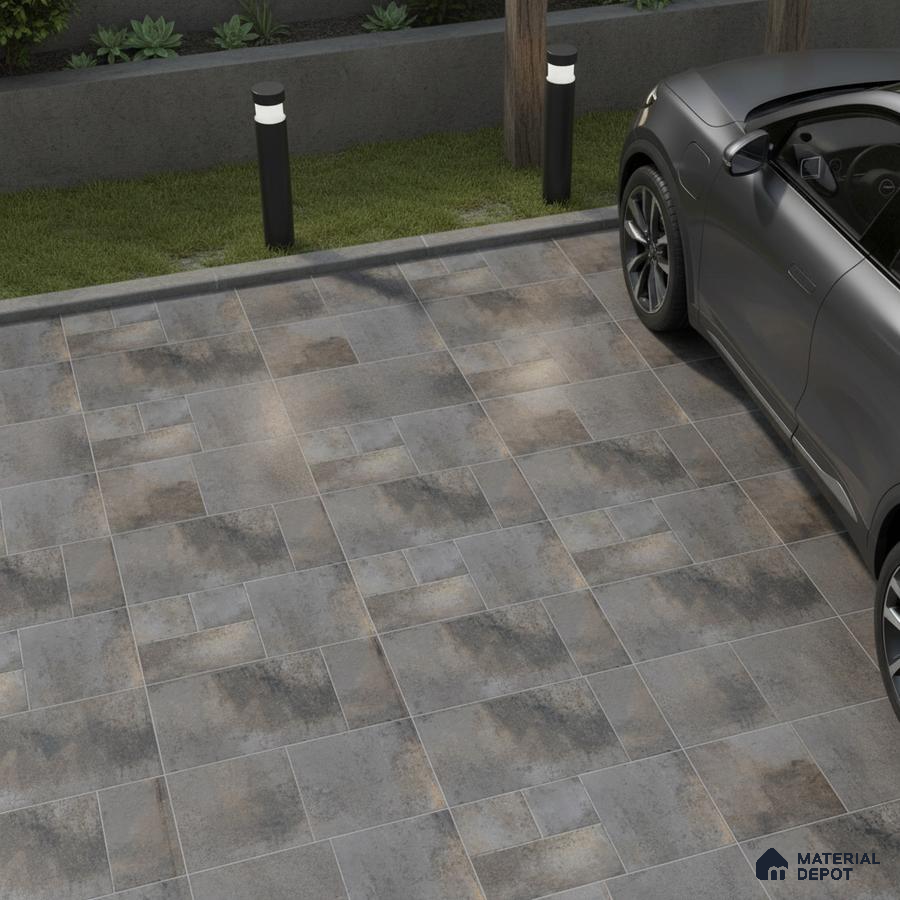 Modern parking with rustic grey and brown stone-look floor tiles