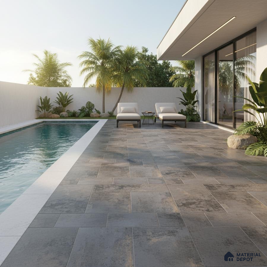 Modern outdoor poolside with grey stone-look floor tiles and tropical landscaping