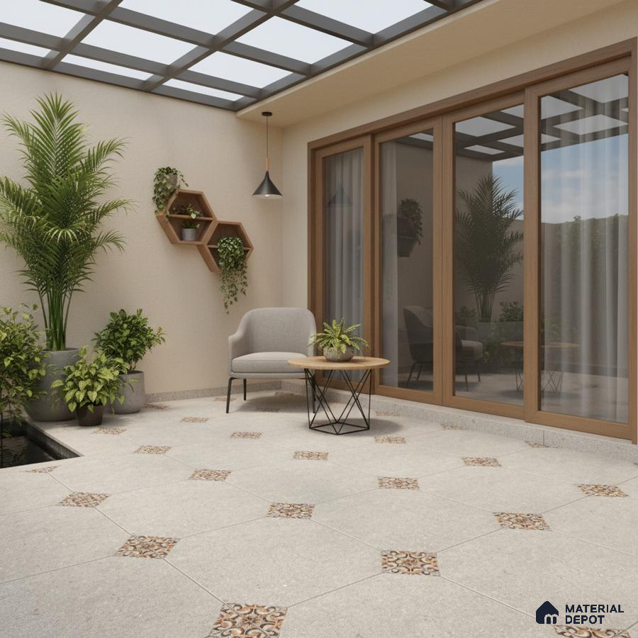 Modern outdoor patio with beige patterned floor tiles and wooden framed glass doors