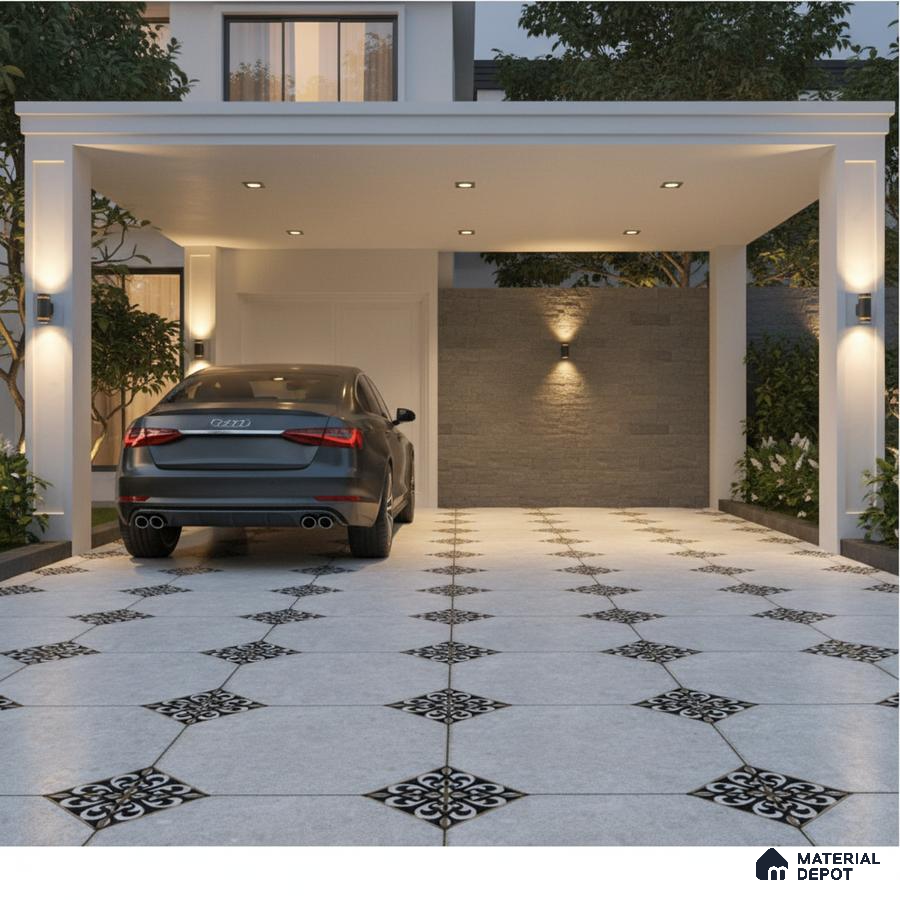 Modern parking with grey stone cladding wall and patterned black-and-white outdoor floor tiles