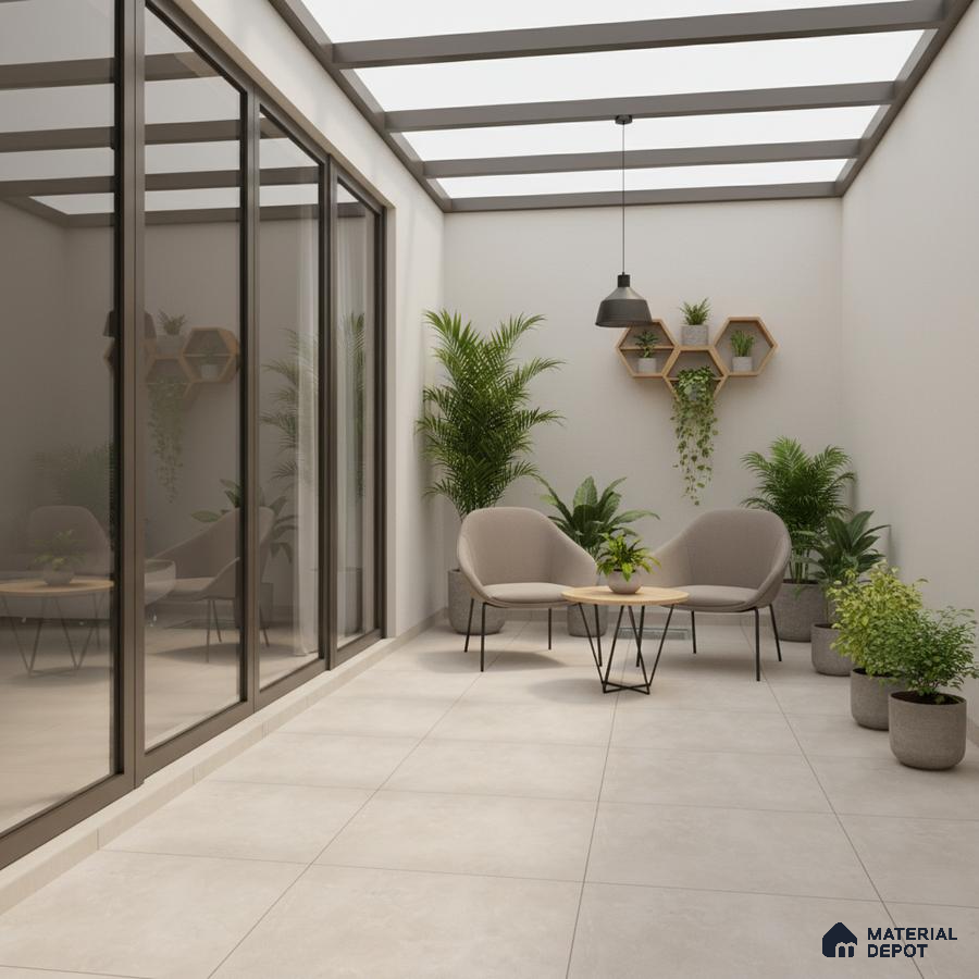 Minimalist balcony with large beige floor tiles and modern planters