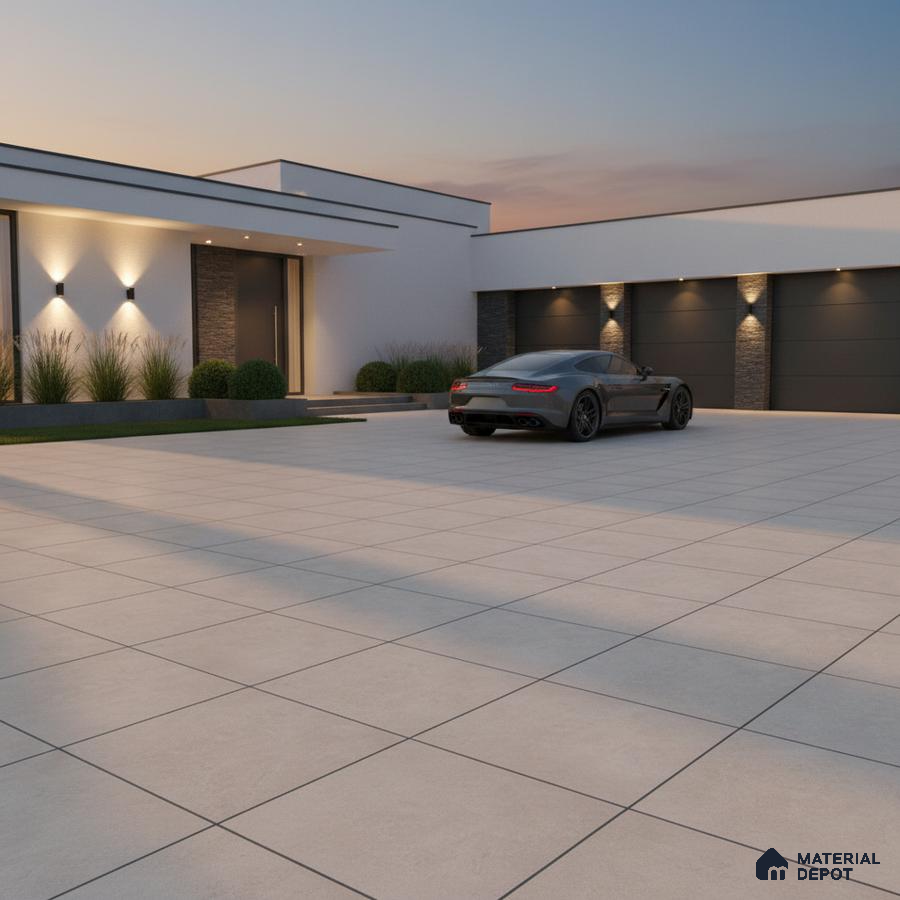 Modern parking with large format beige outdoor tiles and stone cladding accents