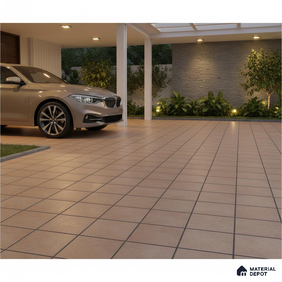Modern parking with terracotta anti-skid floor tiles and stone cladding accent wall