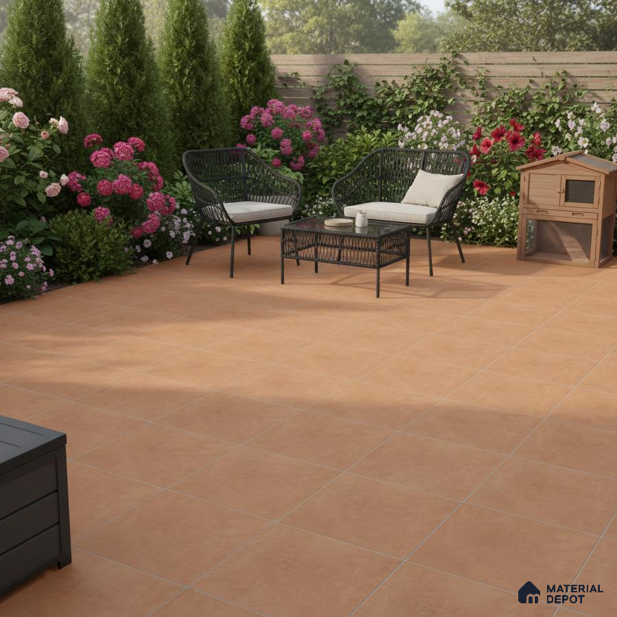 Modern outdoor patio with terracotta floor tiles and black wicker furniture