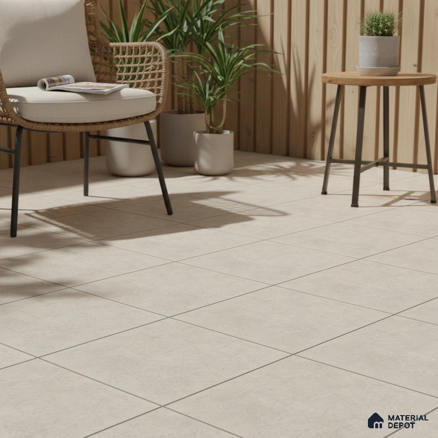 Scandinavian balcony with beige stone-look floor tiles and light wood vertical wall panels