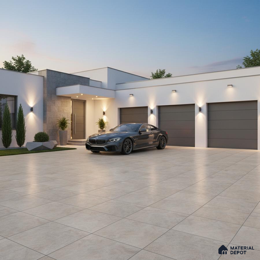Modern parking with large beige outdoor floor tiles and grey stone cladding
