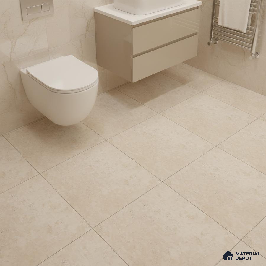 Modern bathroom with beige marble-look wall and floor tiles and glossy taupe vanity