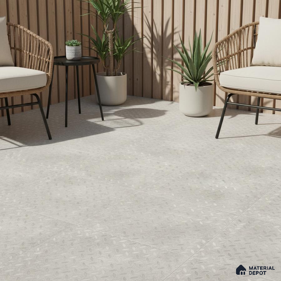 Scandinavian outdoor patio with light grey textured floor tiles and natural wood vertical louvers