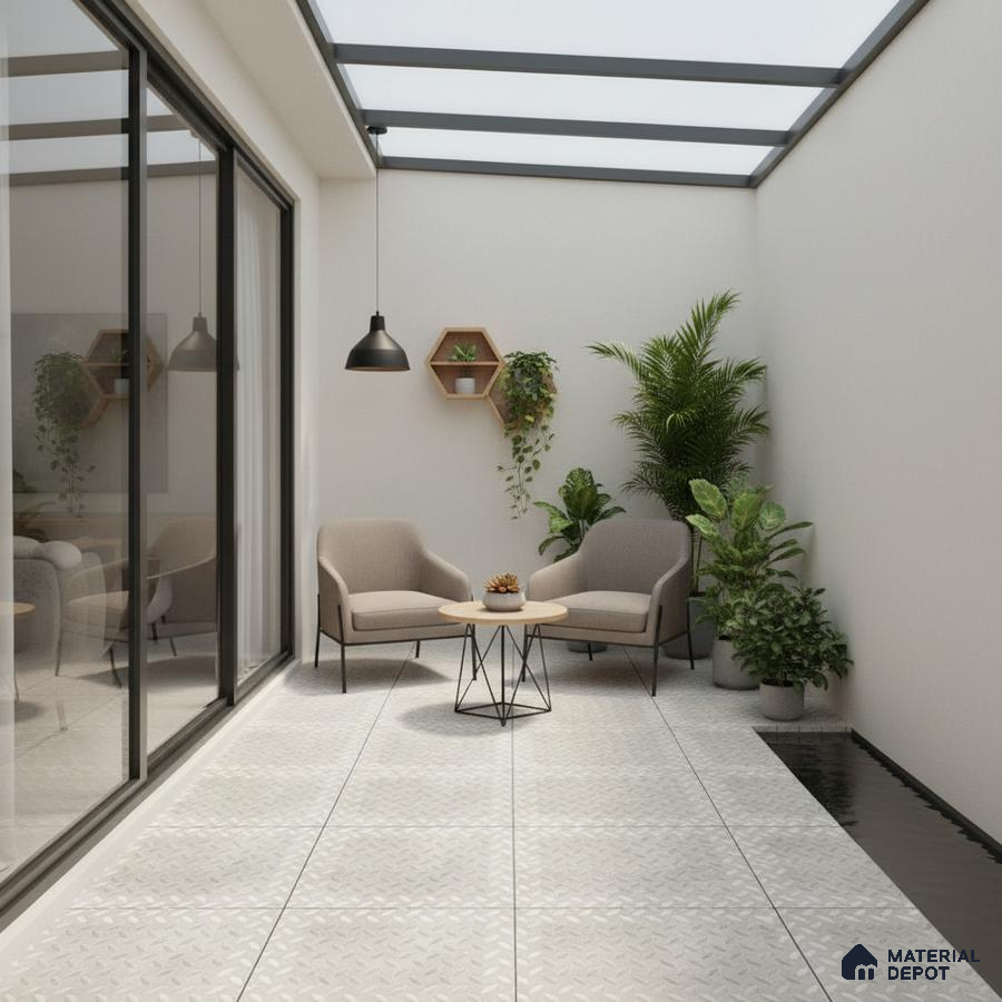 Modern balcony with diamond pattern white floor tiles and glass roof