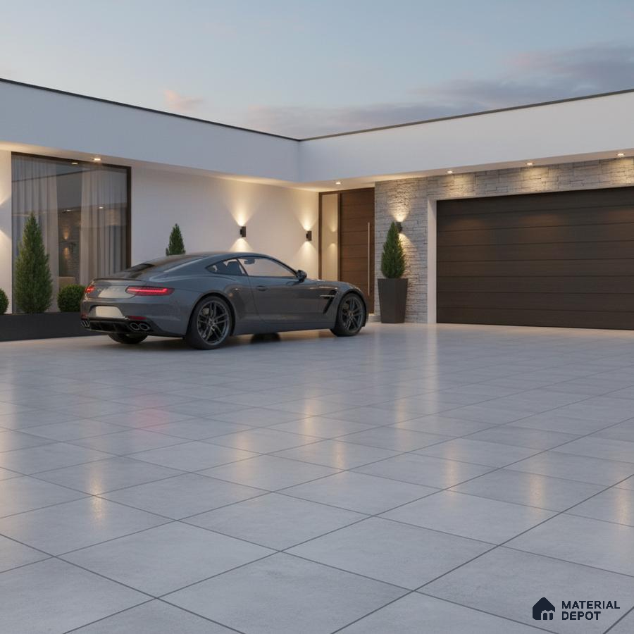 Modern parking with large format grey matte floor tiles and stone cladding accent wall