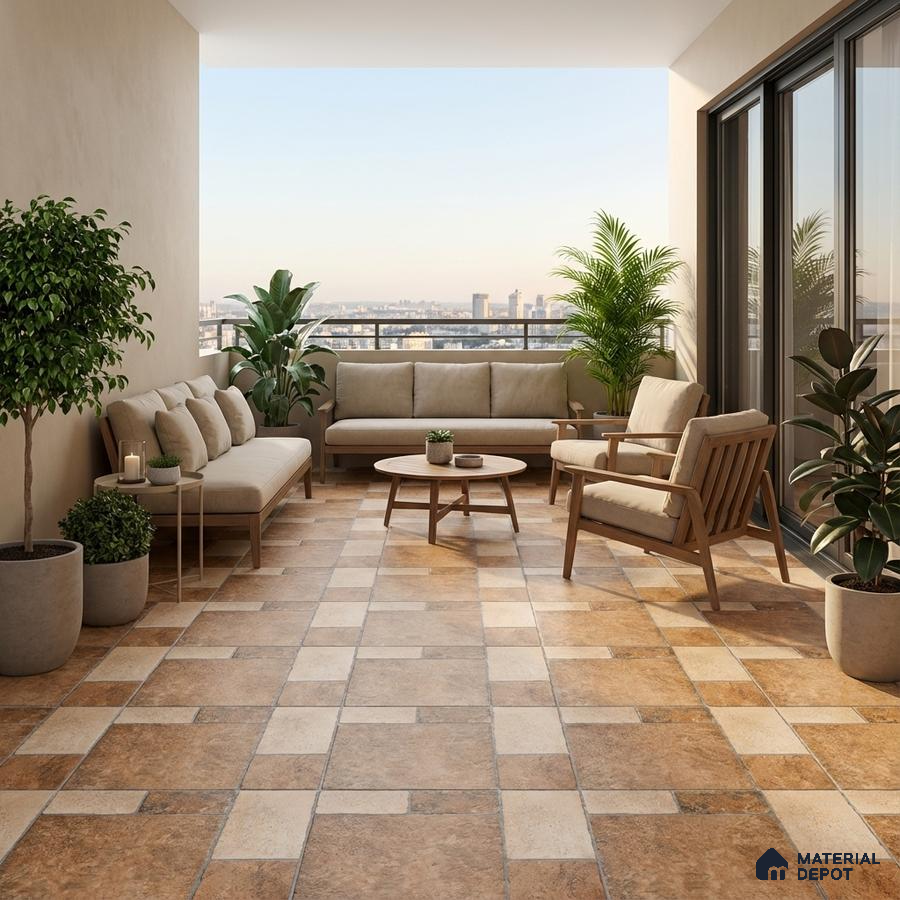 Scandinavian balcony with beige and tan checkerboard floor tiles and natural wood outdoor furniture