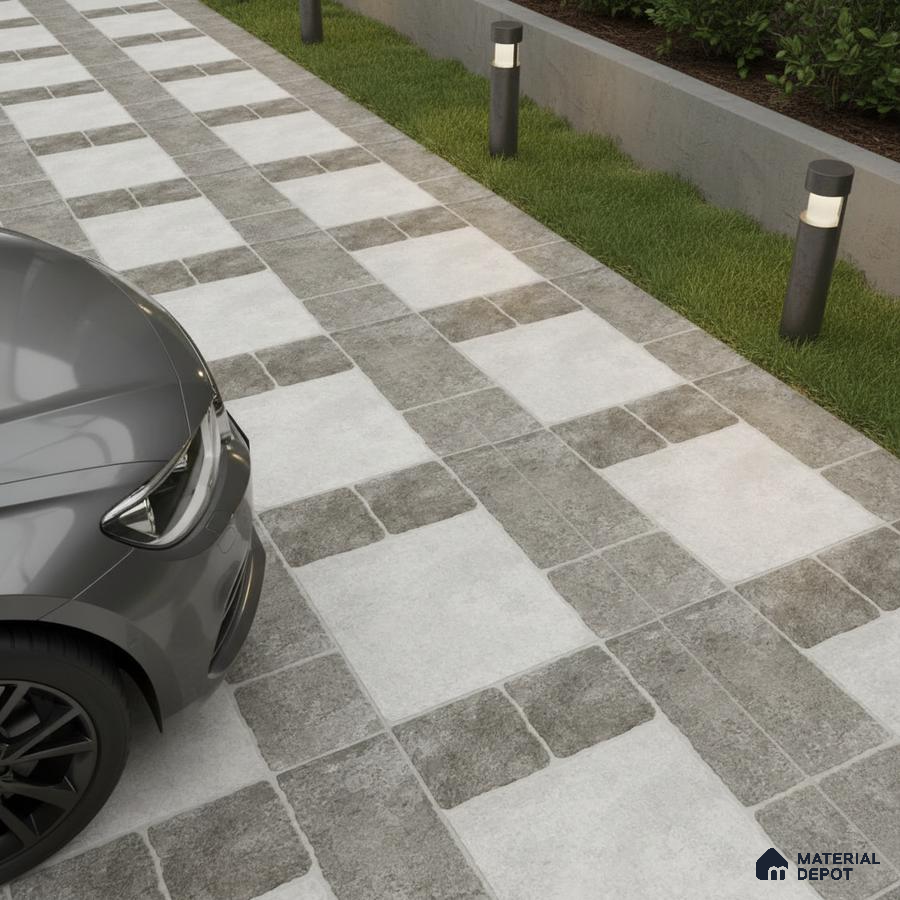 Modern parking with grey and white stone-look outdoor tiles