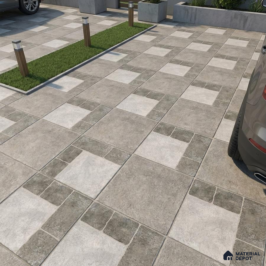 Modern parking area with grey and white stone-look outdoor floor tiles