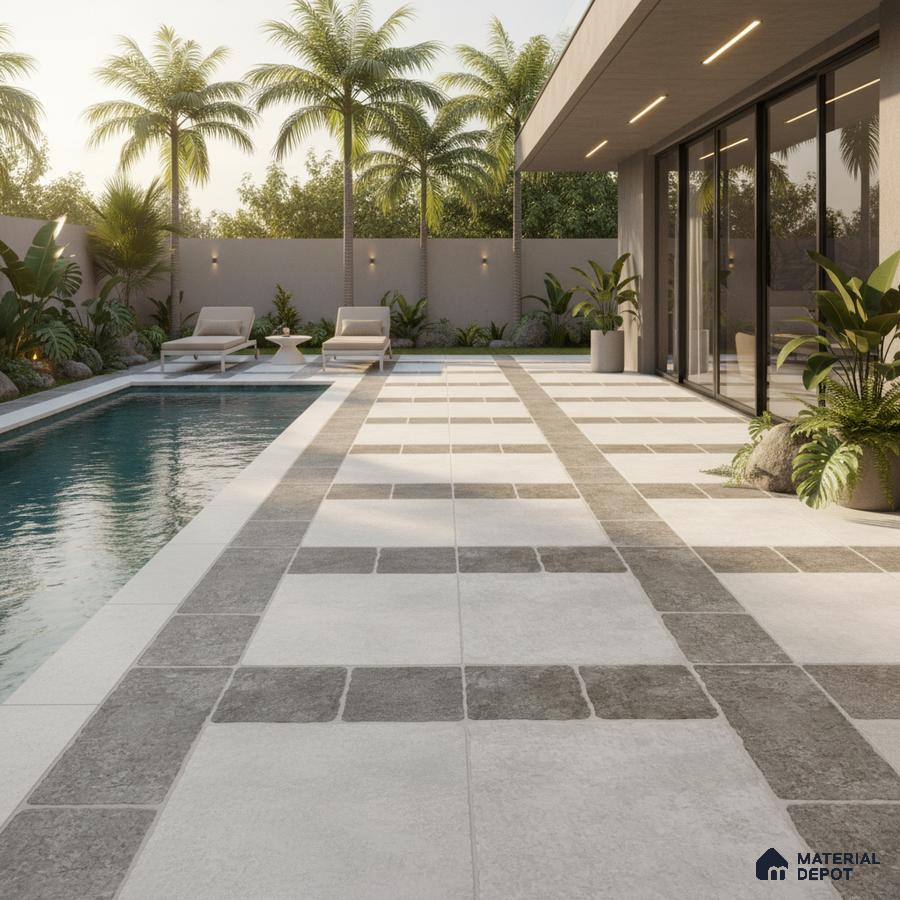 Modern outdoor poolside with grey and white stone-look floor tiles