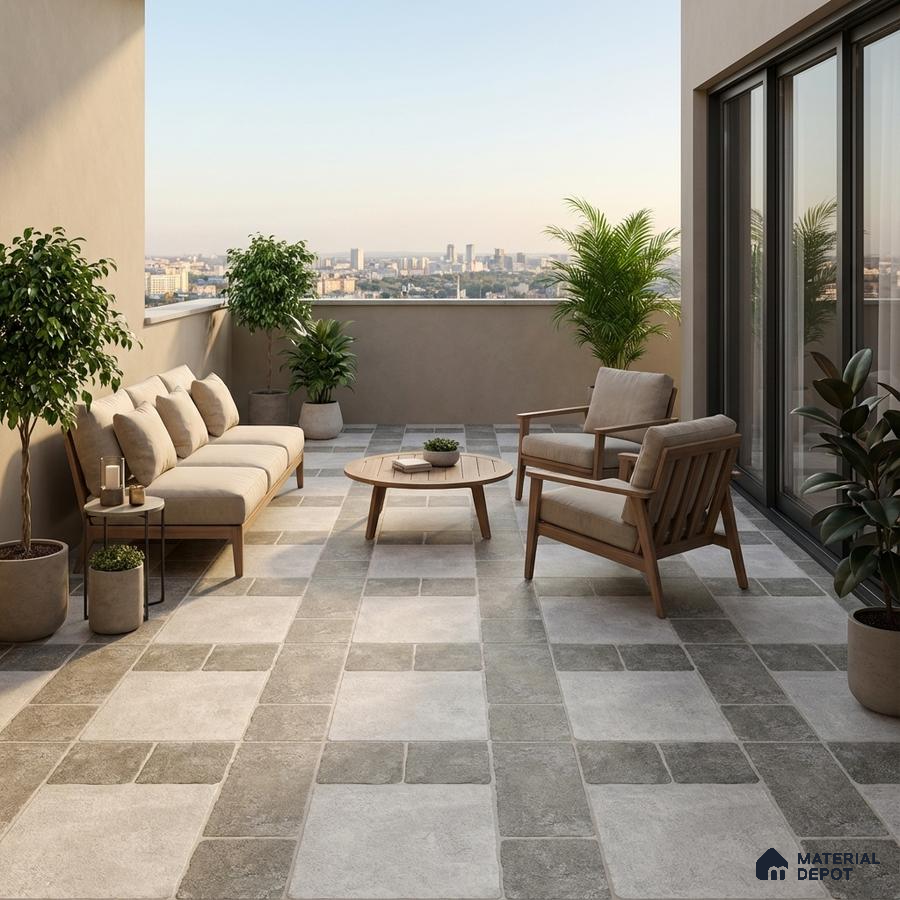 Scandinavian balcony with beige and grey stone floor tiles and natural wood outdoor furniture