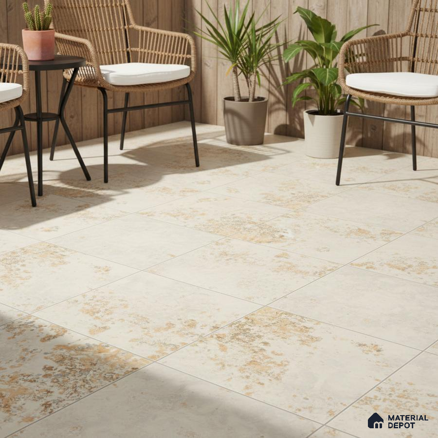 Scandinavian balcony with beige rustic stone-look floor tiles and wood wall cladding