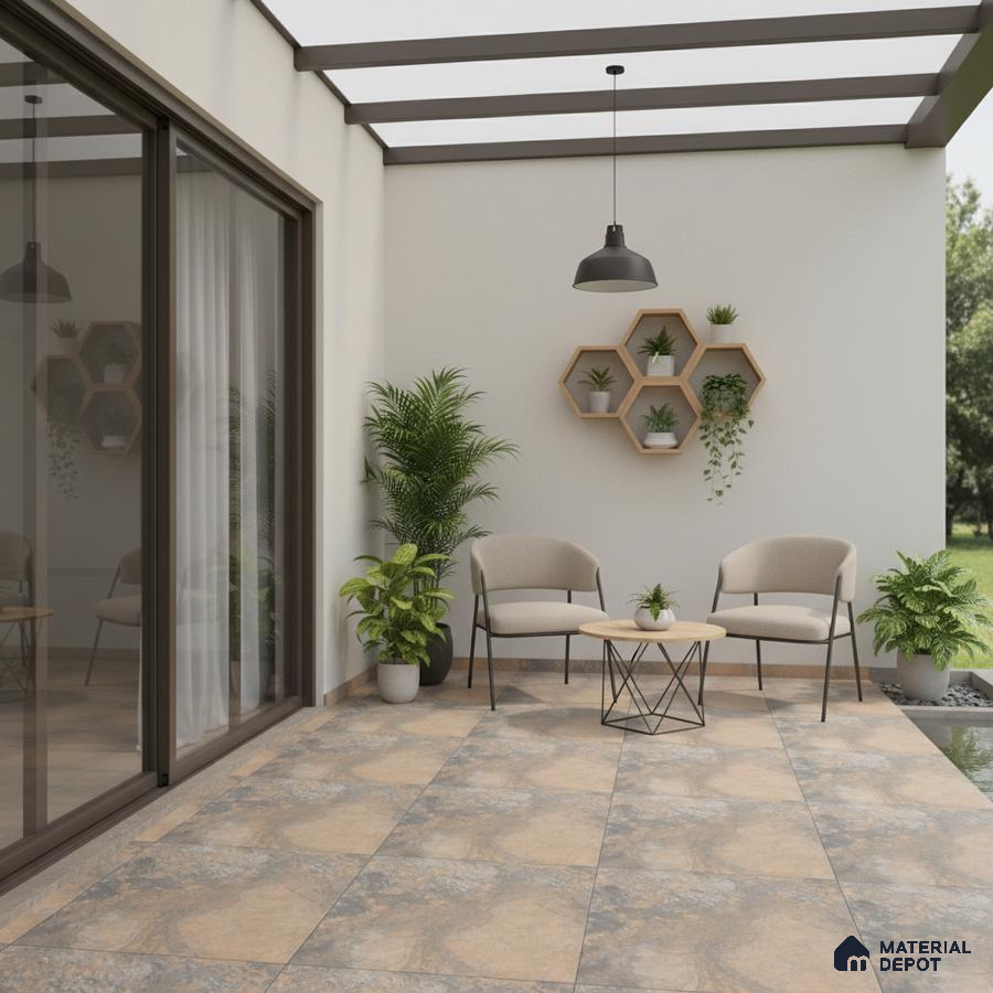 Modern balcony with beige and grey stone-look floor tiles and minimalist decor