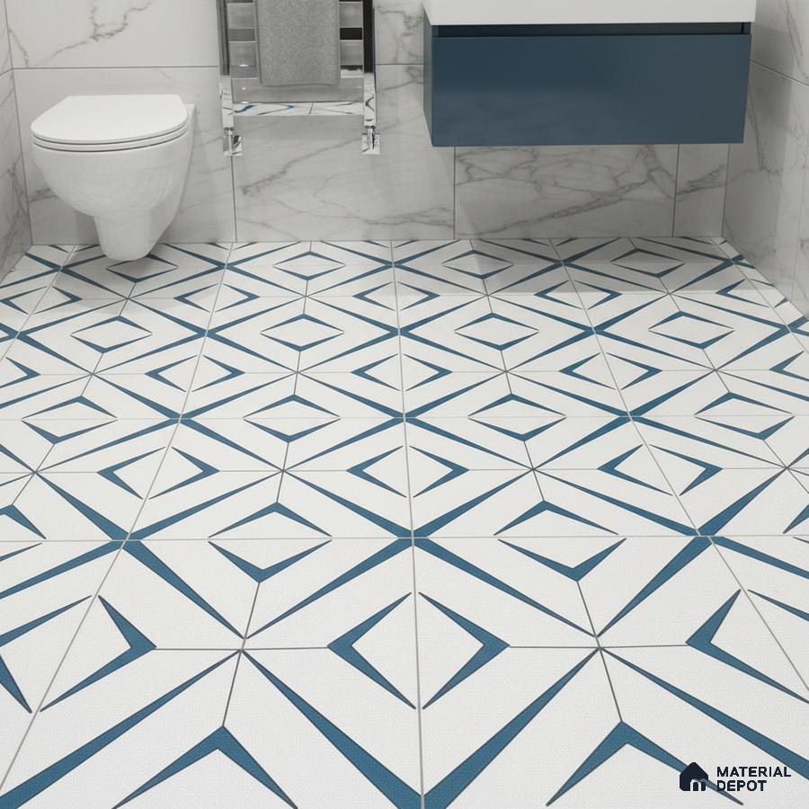 Modern bathroom with marble wall tiles and blue geometric patterned floor tiles