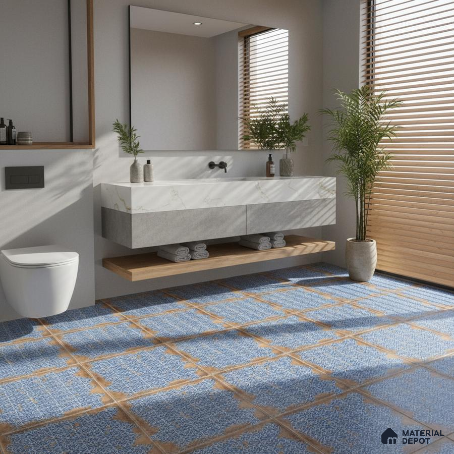Modern bathroom with blue patterned floor tiles and marble-look floating vanity