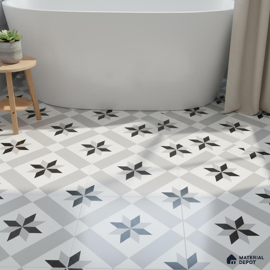 Modern bathroom with black-and-white geometric patterned floor tiles
