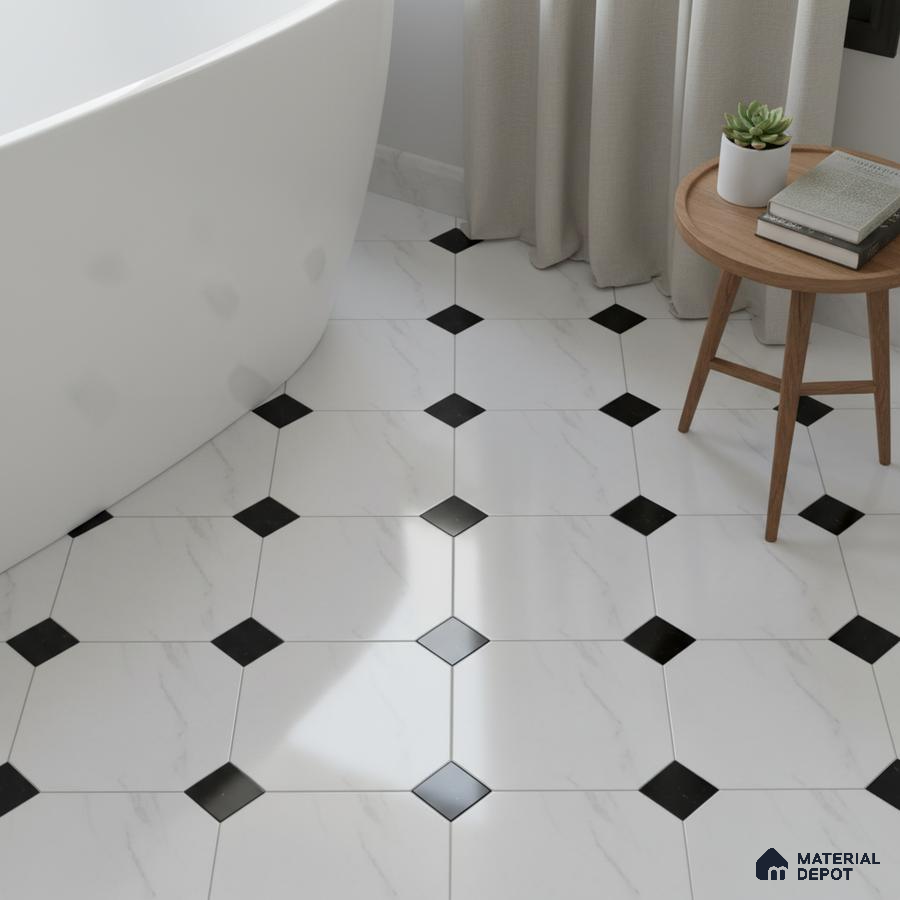Modern bathroom with white marble-look octagonal floor tiles and black diamond inserts
