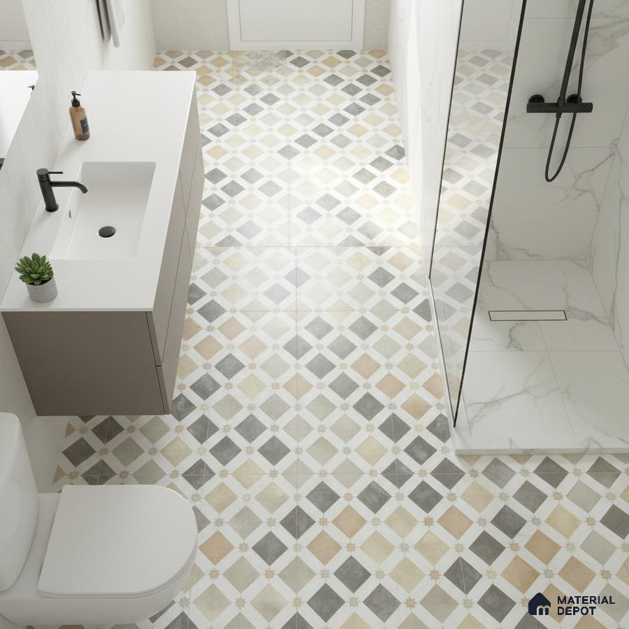 Modern bathroom with geometric patterned floor tiles and marble-look shower wall tiles