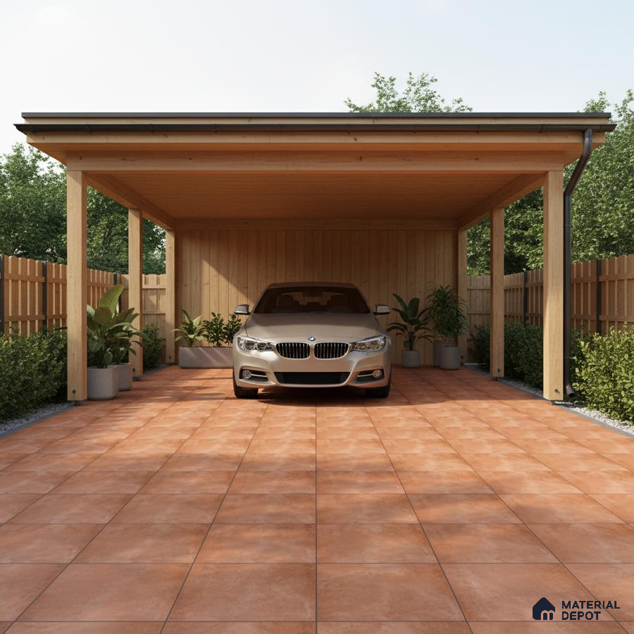 Modern parking with terracotta floor tiles and natural wood cladding