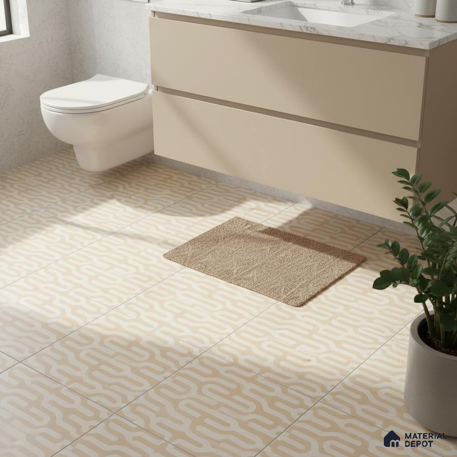Modern bathroom with beige patterned floor tiles and cream vanity with marble countertop
