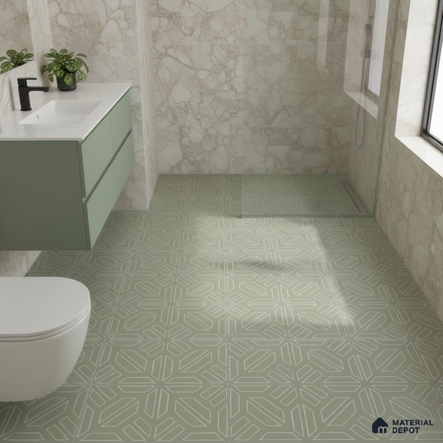 Modern bathroom with sage green patterned floor tiles, marble wall tiles, and sage green floating vanity