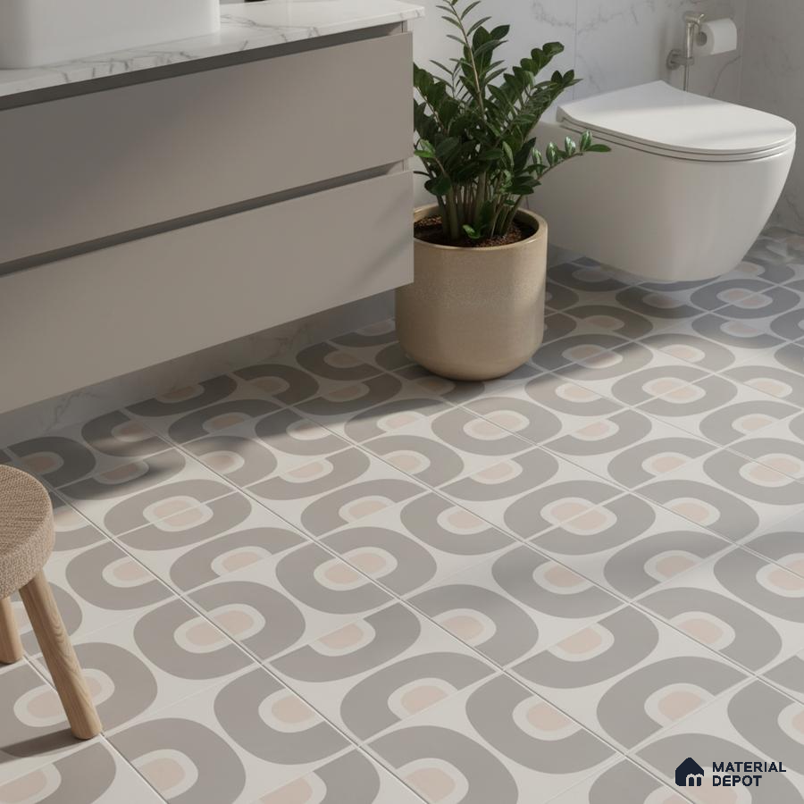 Modern bathroom with geometric patterned floor tiles and matte beige vanity