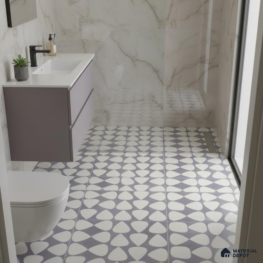 Modern bathroom with marble-look wall tiles and geometric patterned floor tiles