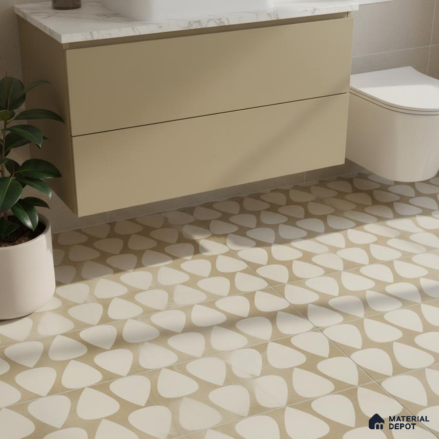 Modern bathroom with beige patterned floor tiles and matte beige vanity with marble countertop