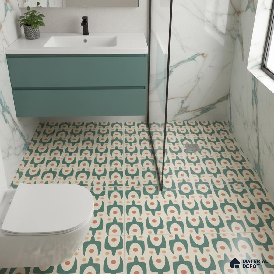 Modern bathroom with teal vanity, marble wall tiles, and geometric patterned floor tiles